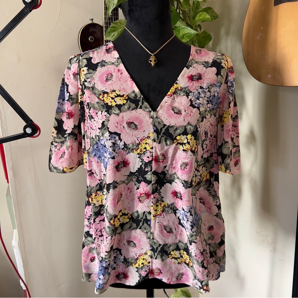 Rebecca Taylor Floral 100% Silk Short Sleeved Blouse - Size 4 - Picture 1 of 7